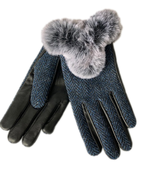 Ladies 100% Harris Tweed Traditional Blue Herringbone Tweed Black Leather Gloves 