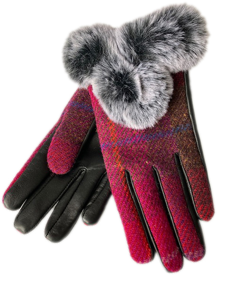 Ladies Harris Tweed Cerise Check Gloves Fur