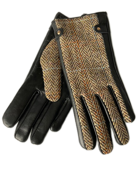 Ladies Black Dogtooth Harris Tweed & Leather Gloves LB3000 COL29 