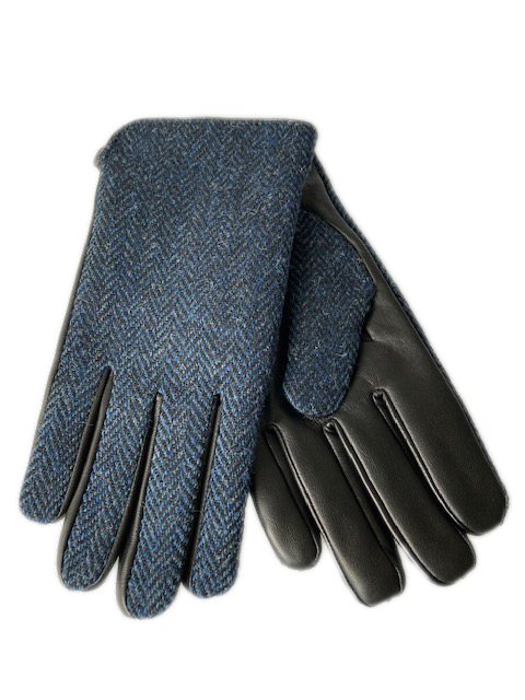 Mens Harris Tweed Blue Heringbone Gloves